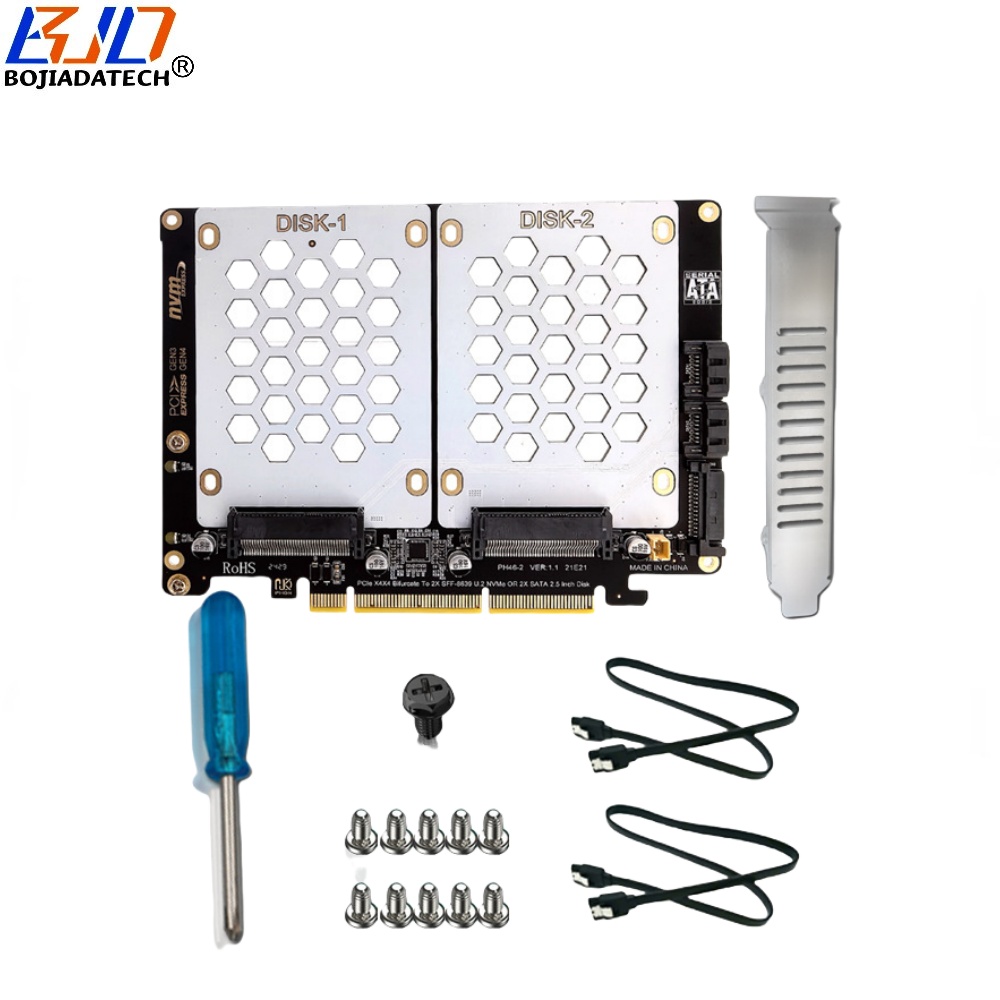 PCI-E 4.0 16X 8X to 2 * U.2 SFF-8639 Adapter Expansion Card for U2 NVME & 2.5" SATA SSD MB Supports PCIe X4X4 Bifurcation