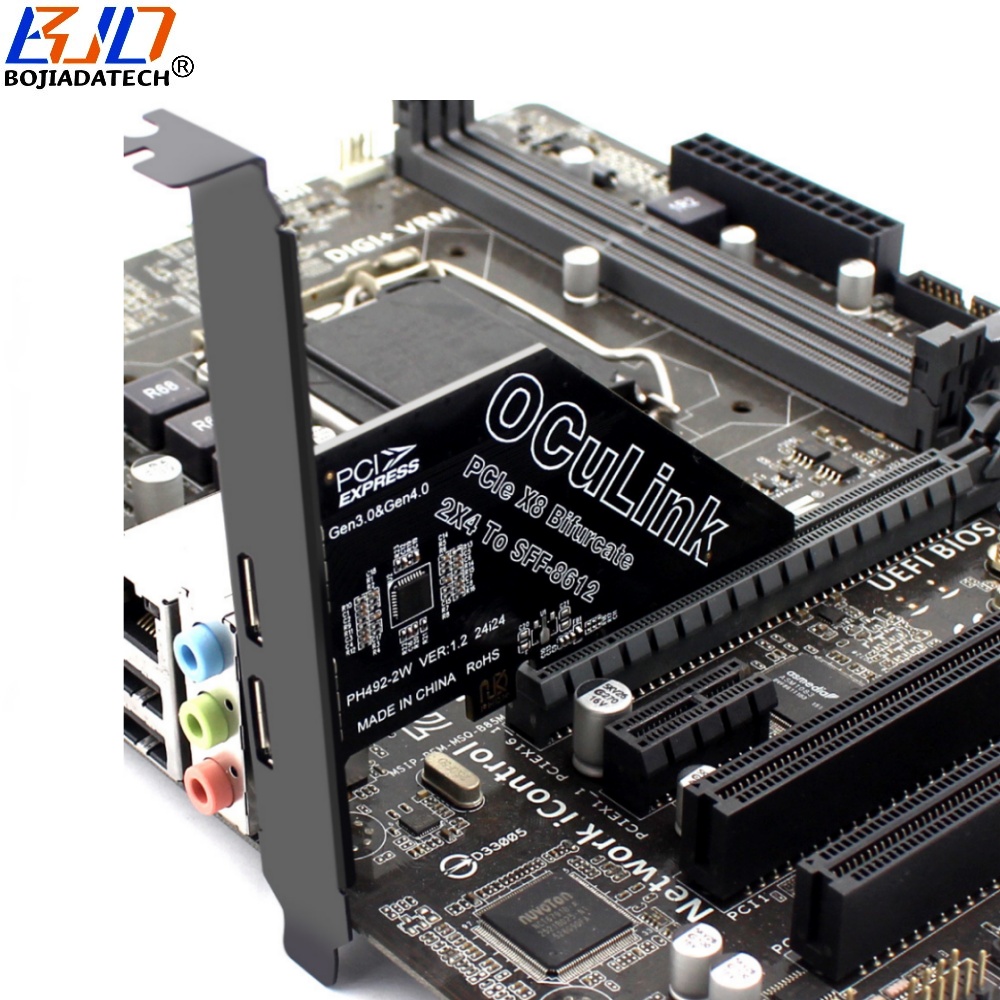 PCI-E 4.0 8X to 2 * Oculink SFF-8611 SFF-8612 Expansion Riser Card MB Support PCIe x4x4 Bifurcation