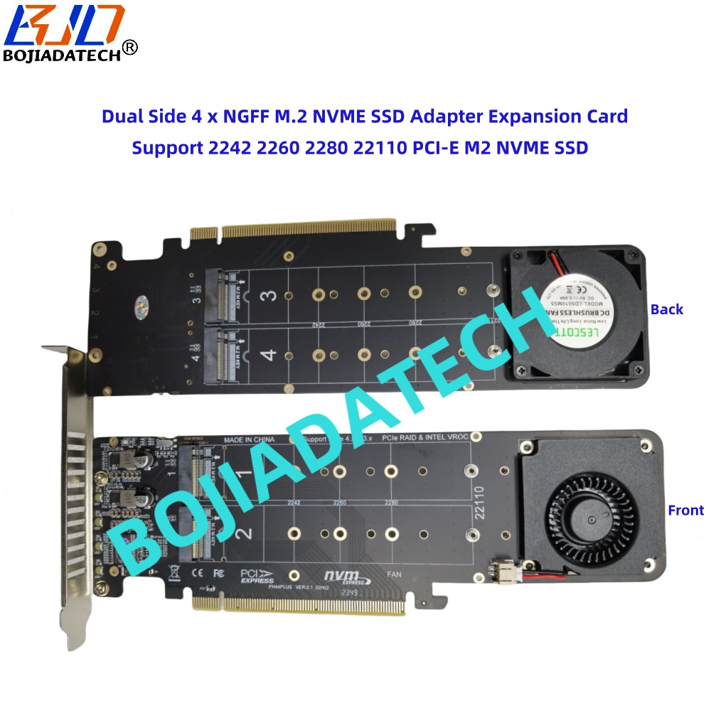 PCI-E 4.0 16X to 4 * M.2 NGFF NVMe M-Key SSD Adapter Card with Fan Motherboard Support PCIe x4x4x4x4 Bifurcation