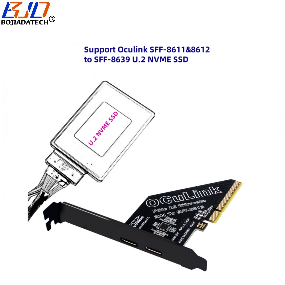 PCI-E 4.0 8X to 2 * Oculink SFF-8611 SFF-8612 Expansion Riser Card MB Support PCIe x4x4 Bifurcation