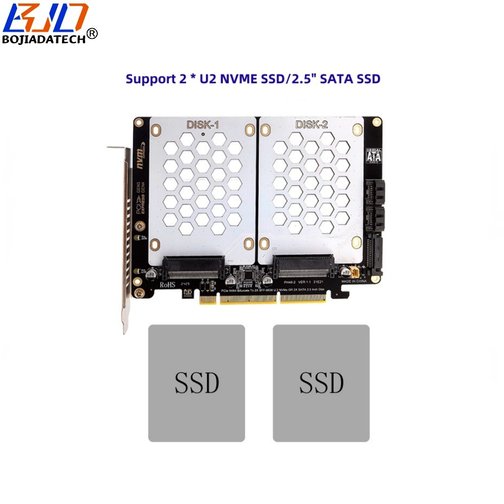 PCI-E 4.0 16X 8X to 2 * U.2 SFF-8639 Adapter Expansion Card for U2 NVME & 2.5" SATA SSD MB Supports PCIe X4X4 Bifurcation