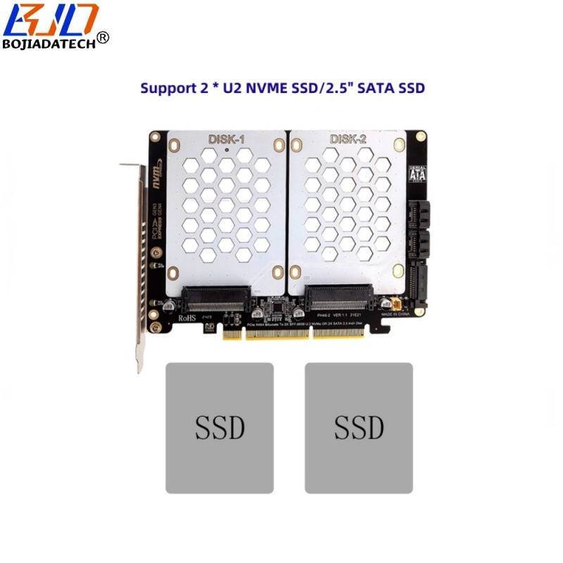 PCI-E 4.0 16X 8X to 2 * U.2 SFF-8639 Adapter Expansion Card for U2 NVME & 2.5" SATA SSD MB Supports PCIe X4X4 Bifurcation