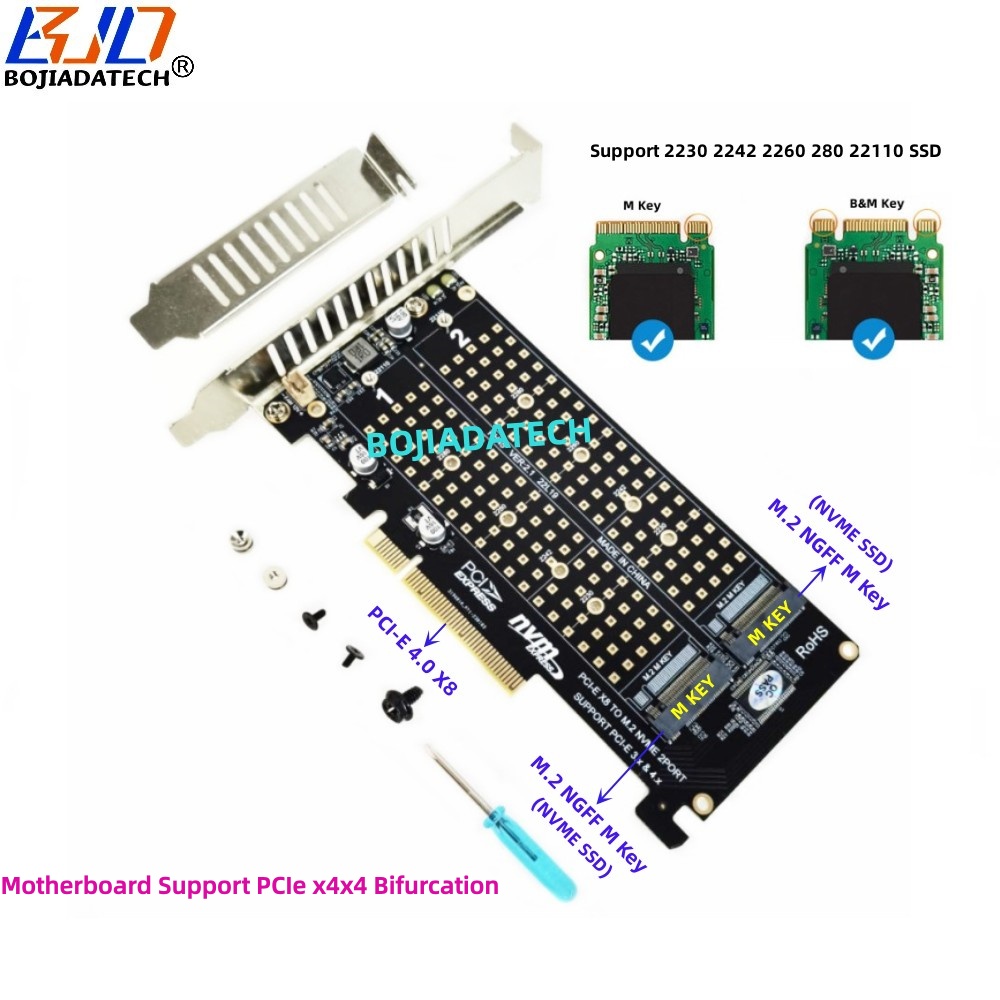 PCl-E 4.0 8X To 2 * NGFF M.2 M-Key 2280 M2 NVME SSD Adapter Expansion Card Motherboard Support PCIe x4x4 Bifurcation
