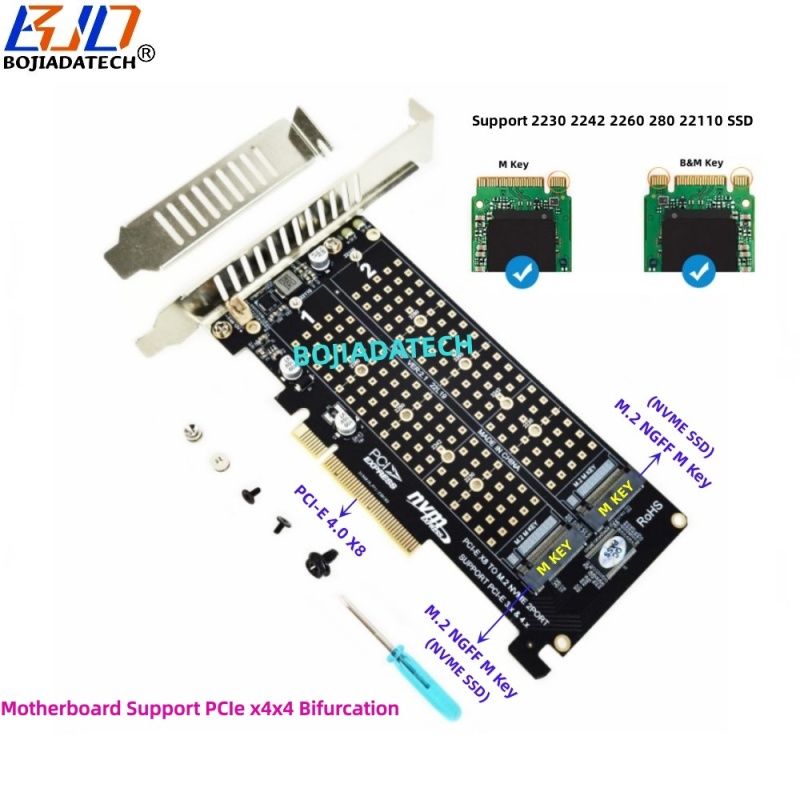 PCl-E 4.0 8X To 2 * NGFF M.2 M-Key 2280 M2 NVME SSD Adapter Expansion Card Motherboard Support PCIe x4x4 Bifurcation
