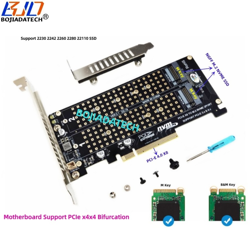 PCl-E 4.0 8X To 2 * NGFF M.2 M-Key 2280 M2 NVME SSD Adapter Expansion Card Motherboard Support PCIe x4x4 Bifurcation