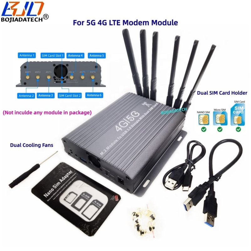 USB 3.0 Type-A To M.2 Key-B Wireless Adapter 2 SIM Card Slot 6 Antennas Protective Case With 2 Fans for 5G 4G LTE Module Modem