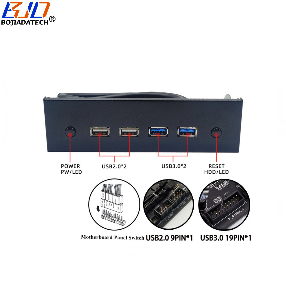 5.25" Desktop Front Panel With 2 * USB 3.0 + 2 * USB 2.0 Type-A Connector + Power & Reset Button for PC Computer Case