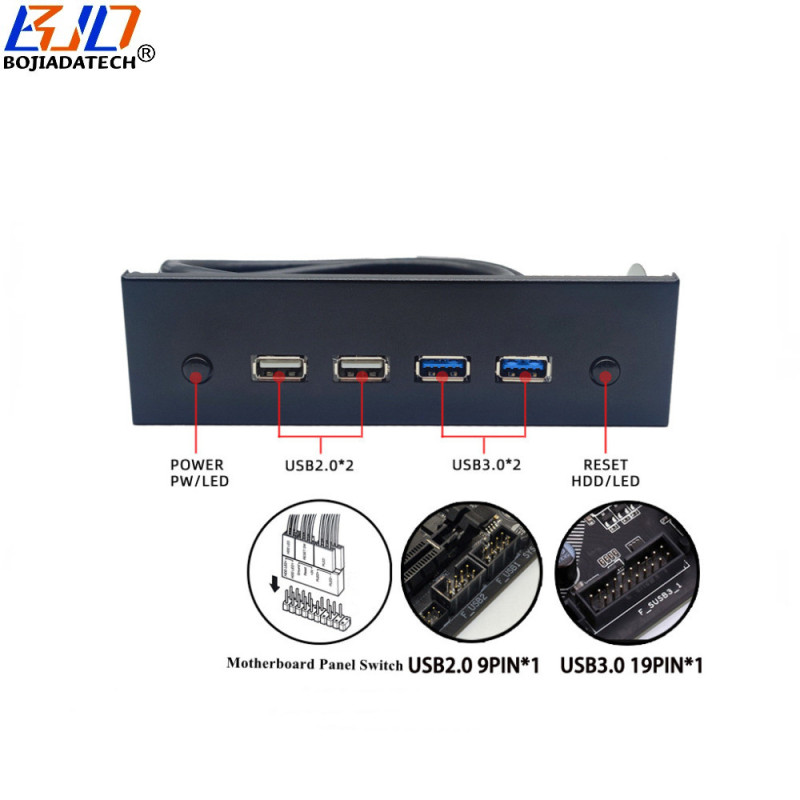 5.25" Desktop Front Panel With 2 * USB 3.0 + 2 * USB 2.0 Type-A Connector + Power & Reset Button for PC Computer Case