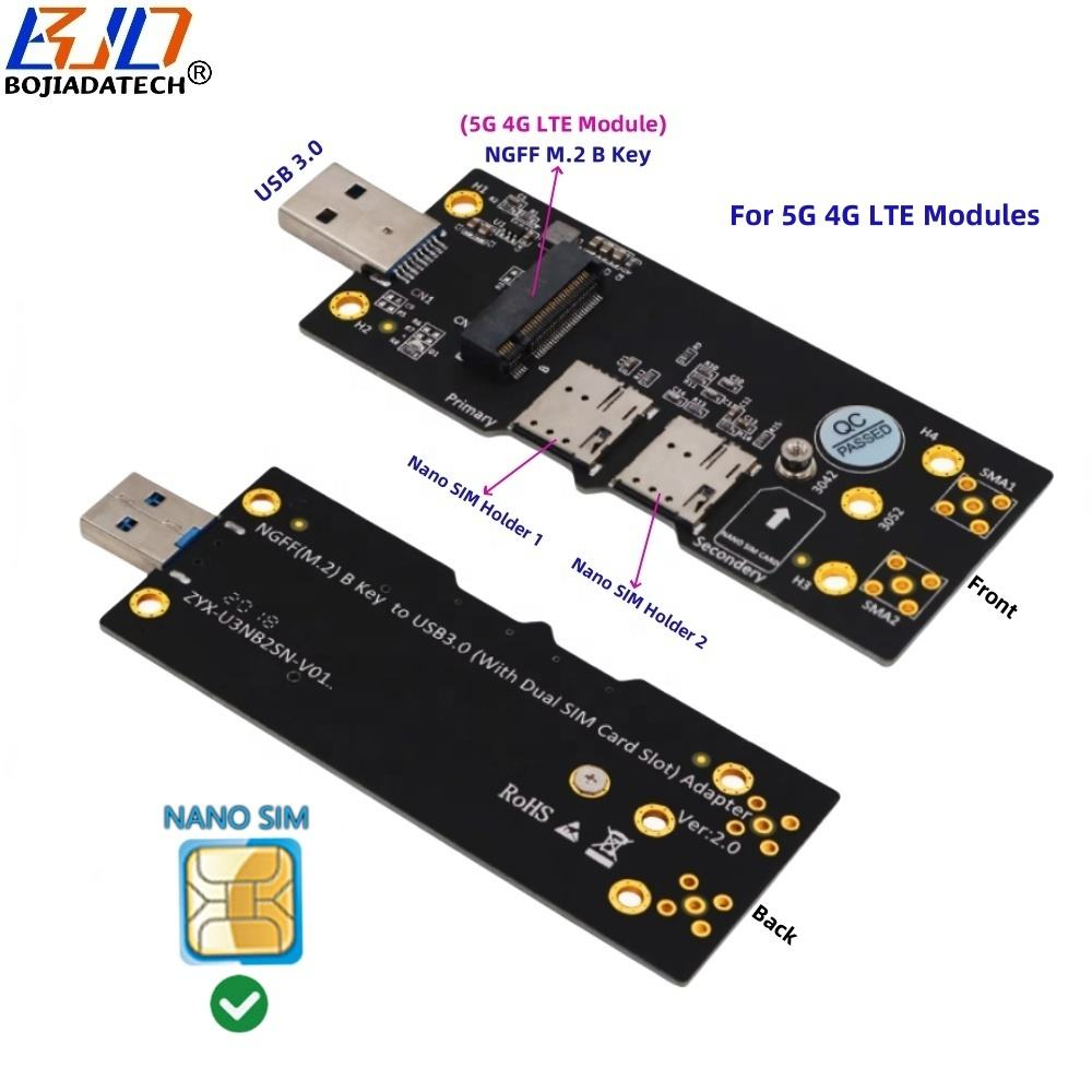 USB 3.0 Type-A Port to NGFF M.2 M2 B-Key Wireless Module Adapter with Dual 2 NANO SIM Card Slot For 5G 4G LTE Modem