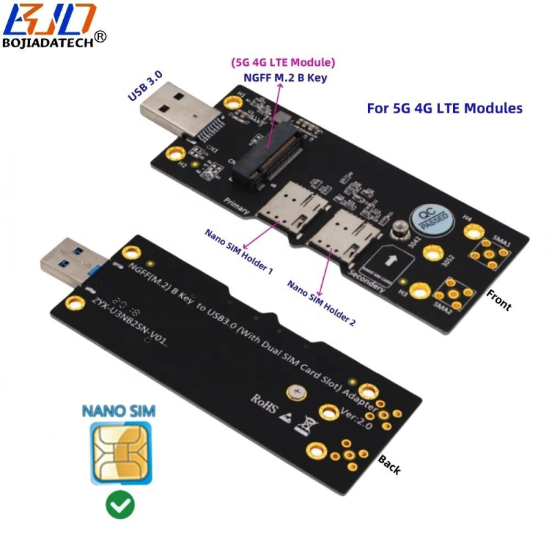USB 3.0 Type-A Port to NGFF M.2 M2 B-Key Wireless Module Adapter with Dual 2 NANO SIM Card Slot For 5G 4G LTE Modem