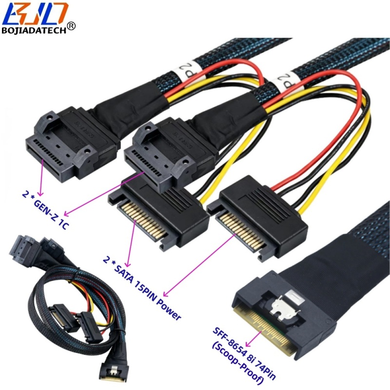 Scoop-Proof Slimline SFF-8654 8i 74PIN to 2 * GEN-Z 1C 56PIN Server Data Extension Cable 50CM 80CM with SATA 15PIN Power