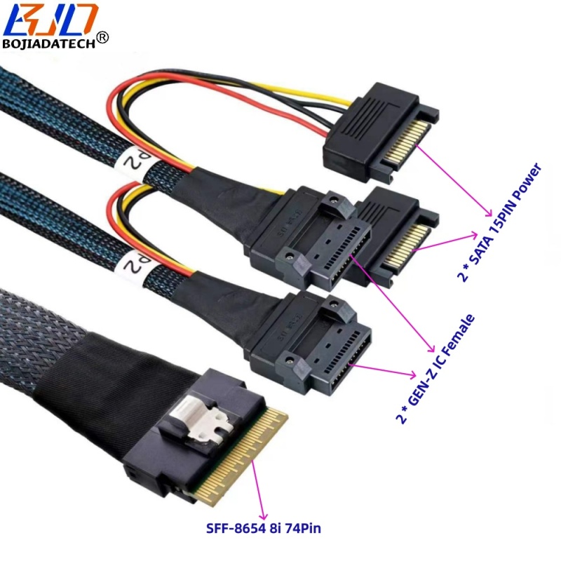 Slimline SFF-8654 8i to 2 * GEN-Z 1C 56PIN Connector Server Data Extension Cable With SATA 15PIN Power 50CM 80CM
