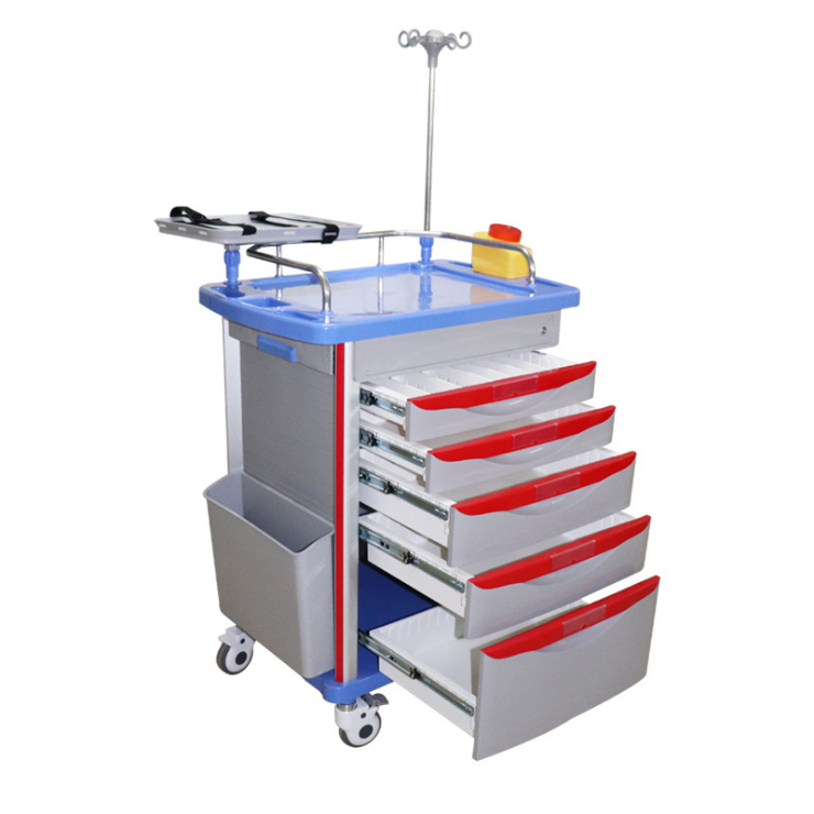Emergency trolley for hospital use five drawers multi-purpose all-in-one trolley With an IV stand