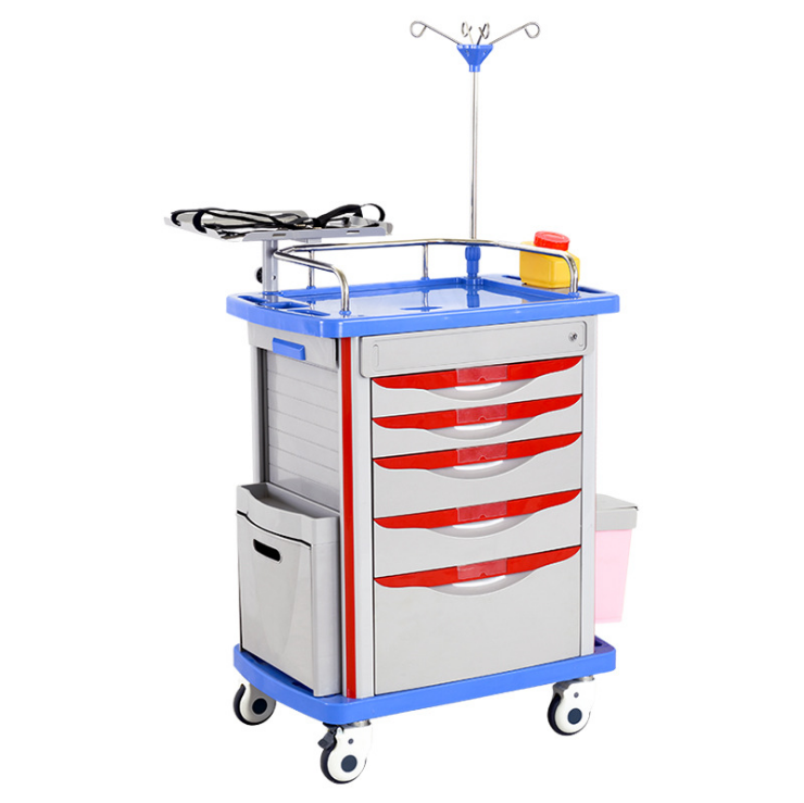 Emergency trolley for hospital use five drawers multi-purpose all-in-one trolley With an IV stand