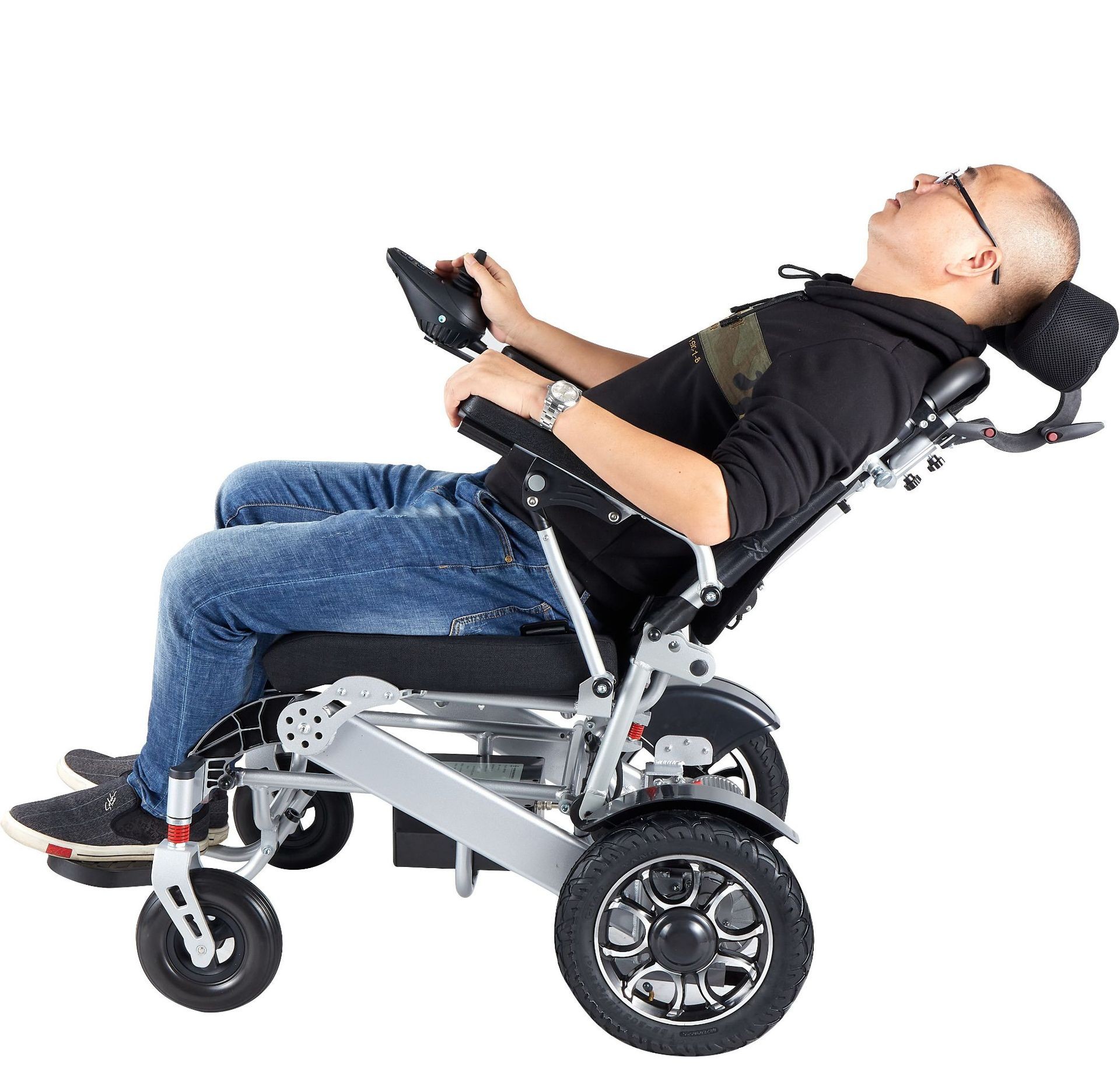 Four wheel light aluminum alloy frame folding back adjustable lithium electric wheel chair