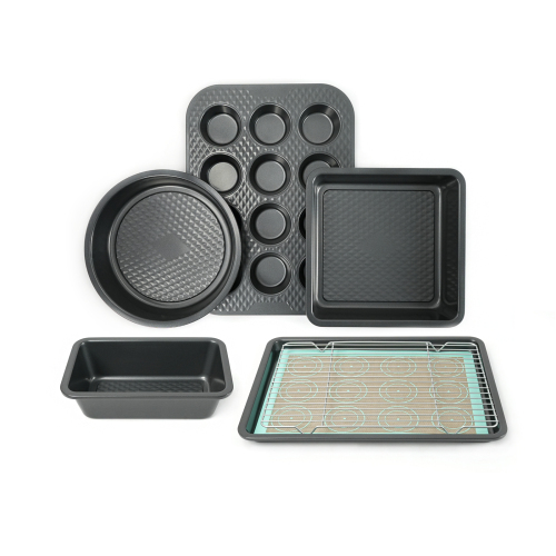 HAWOK 8-Piece Nonstick Bakeware Set, Carbon Steel Bake Set 8-Piece with Round Cake Pan, Square Cake Pan, Loaf Pan, Muffin Pan, Cookie Sheet, Cooling Rack, Silicone Mat, Felt Storage Organizer