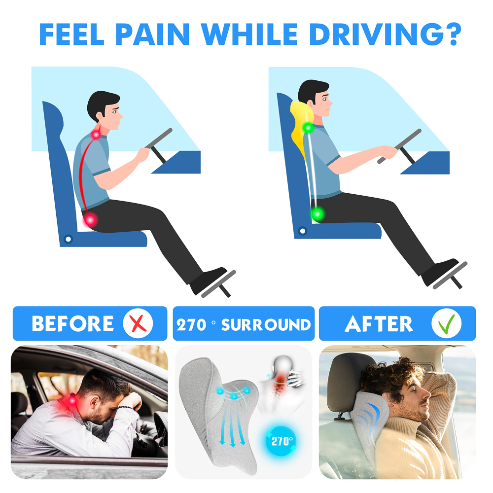 TKLoop Car Neck Support Pillow for Neck Pain Relief When Driving,Headrest Pillow for Car Seat with Soft Memory Foam(Grey)
