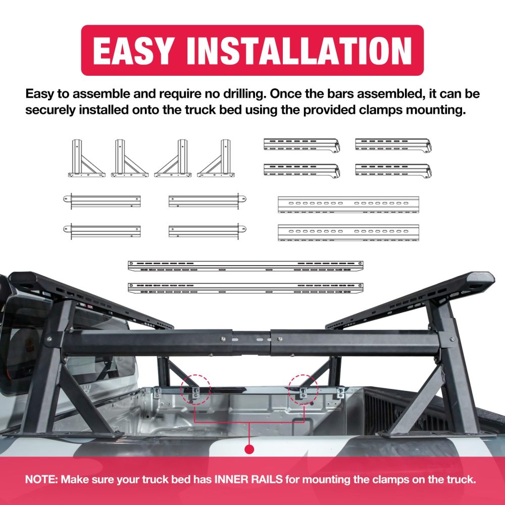 Kreboc  Non-Drilling Truck Rack, Heavy Duty Steel Extendable Truck Bed Ladder Rack with 660lbs Load Capacity Weight for Luggage Carrier, Rooftop Tent
