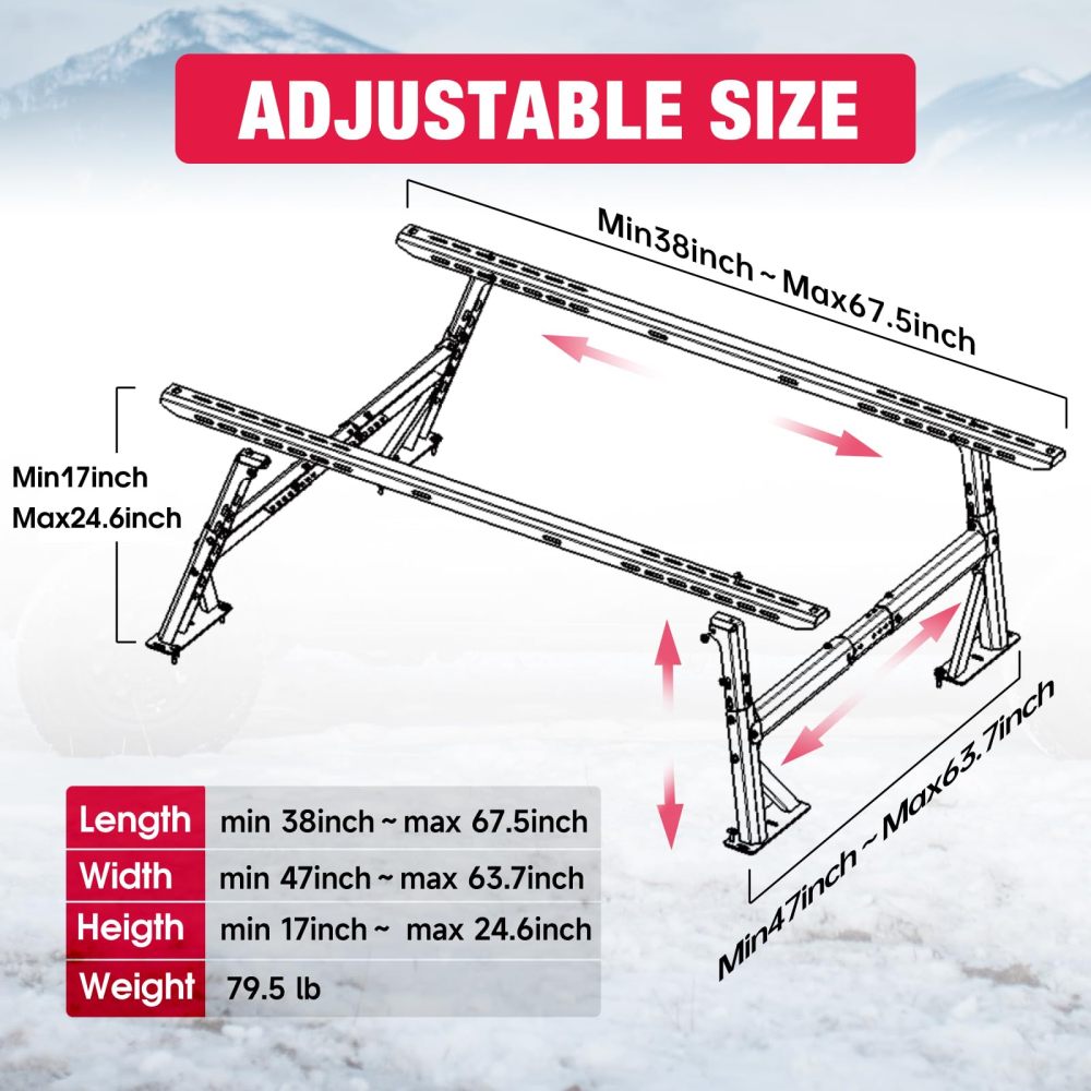 Kreboc  Non-Drilling Truck Rack, Heavy Duty Steel Extendable Truck Bed Ladder Rack with 660lbs Load Capacity Weight for Luggage Carrier, Rooftop Tent