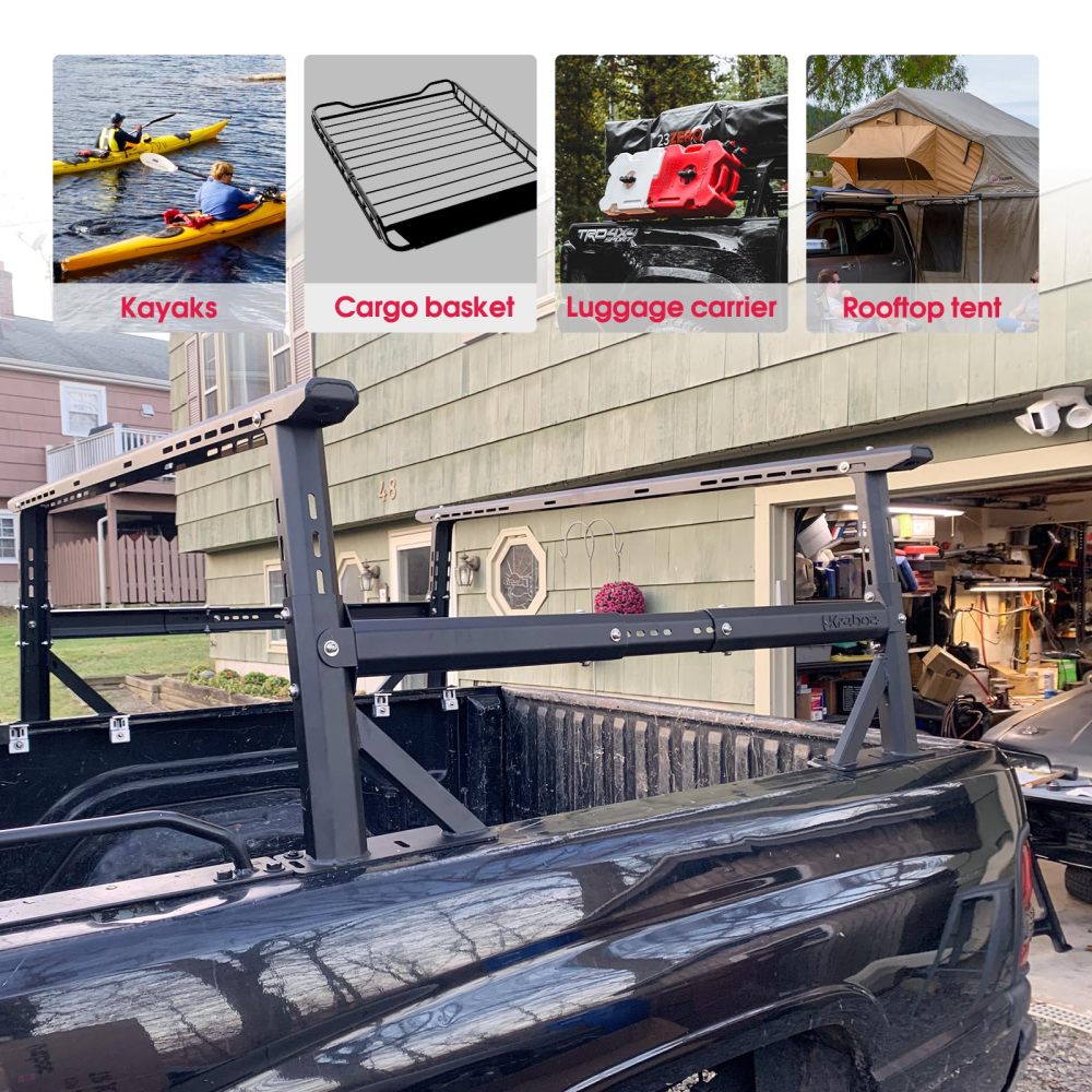Kreboc  Non-Drilling Truck Rack, Heavy Duty Steel Extendable Truck Bed Ladder Rack with 660lbs Load Capacity Weight for Luggage Carrier, Rooftop Tent