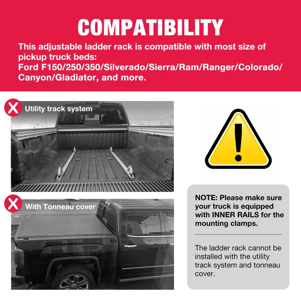 Kreboc  Non-Drilling Truck Rack, Heavy Duty Steel Extendable Truck Bed Ladder Rack with 660lbs Load Capacity Weight for Luggage Carrier, Rooftop Tent