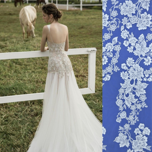 Latest flower design white embroidery lace wedding fabric with beaded for bridal