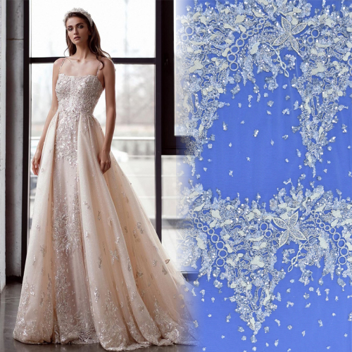 Fashion design embroidery lace wedding sequins fabric with beaded for wedding dress