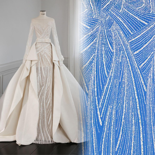 Customized Luxury Style Beaded Embroidery Sequin Bridal Pearl Lace Fabric Embroidered