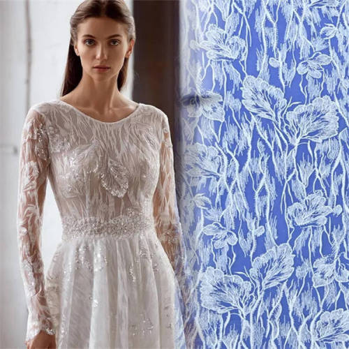 Factory custom beaded sequins bridal fabric embroidery lace fabric for wedding dress