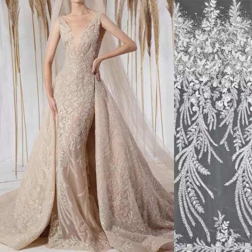 Exquisite Elegant Sexy Lace Fabric Crystal Sequin Long Gown Mesh Tulle Bridal Ivory White Beaded Embroidery For Wedding Dress