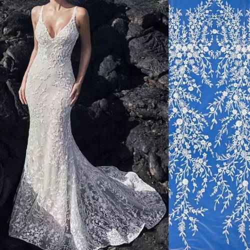 Romantic style design white flowers sequin wedding applique lace material bridal