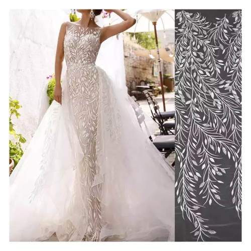 Leaf Branch Colour Custom Bridal Sexy Ivory White Exquisite Wedding Dress Design Sequin Tulle Embroidery Lace Fabric