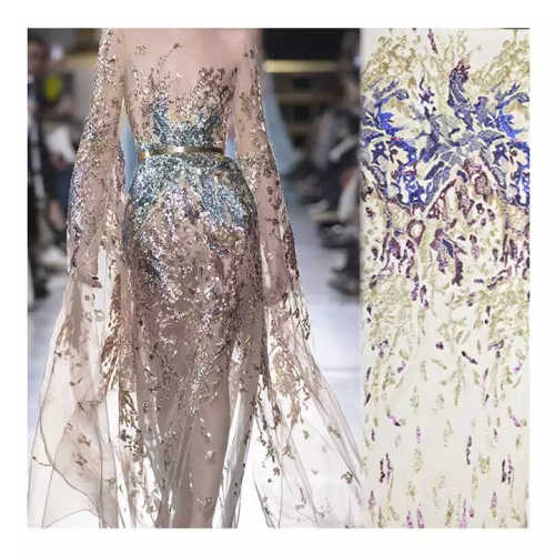 Luxury Bridal Colorful Beaded Sequins French Lace Embroidery Net Fabric Beads