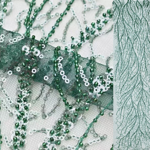 Factory wholesale African emerald green tulle mesh lace fabric deep green beaded with beads and sequin for evening bridal dress