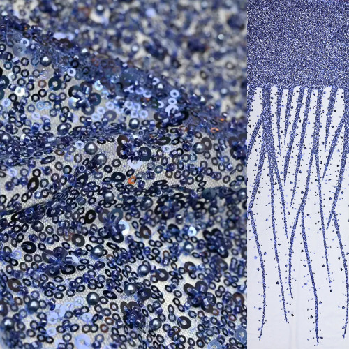 Elegant African Nigerian Soft Embroidered Navy Blue Beaded Material Lace Fabric With Beads For Evening Dress