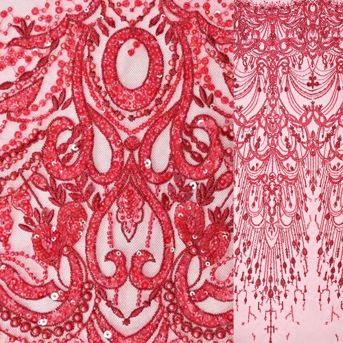 Factory wholesale african nigerian floral wine red embroidered lace for evening sequin tulle with bead and sequins beaded lace