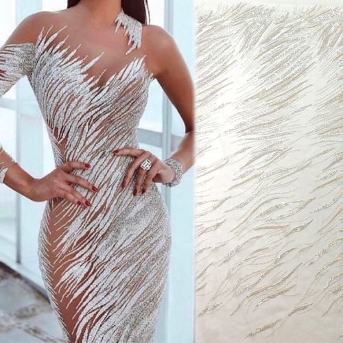 Shiny line sexy design with silver beads and sequins match white and gold bridal lace fabric for dresses