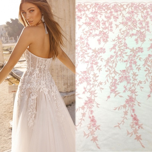 Vitas custom floral design luxury beaded lace fabric embroidery sequin lace fabric romantic pink