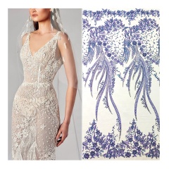 OEM custom with geometric element embroidery bridal wedding heavy beaded lace fabric luxury