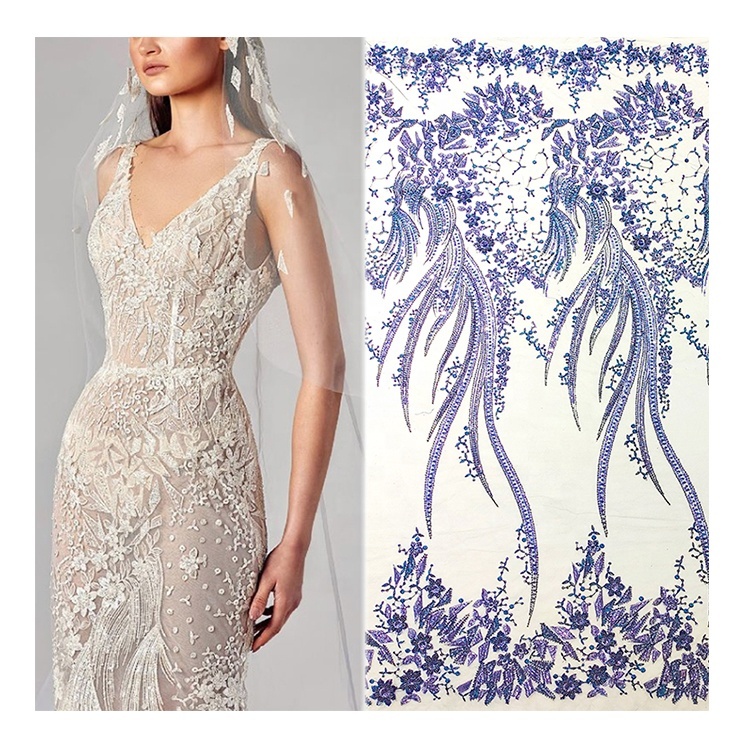 OEM custom with geometric element embroidery bridal wedding heavy beaded lace fabric luxury