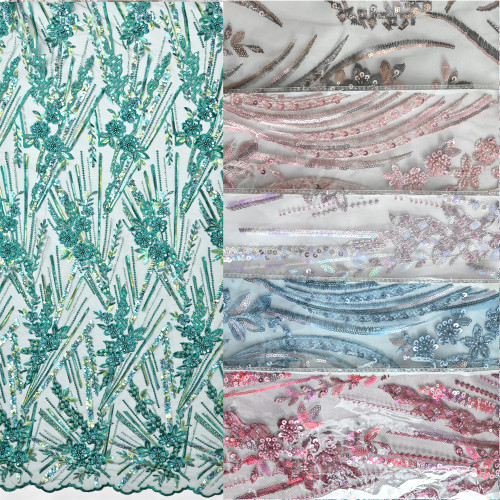 Quickly delivery bordado renda Tela de encaje nigerian african beaded Sequins embroidered embroidery lace fabric