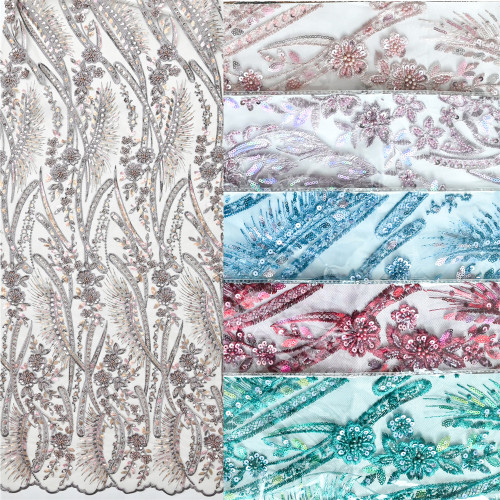 2022 New Grey mix colours blade design tecidos frisados nigerian african beaded Sequins embroidered embroidery lace fabric