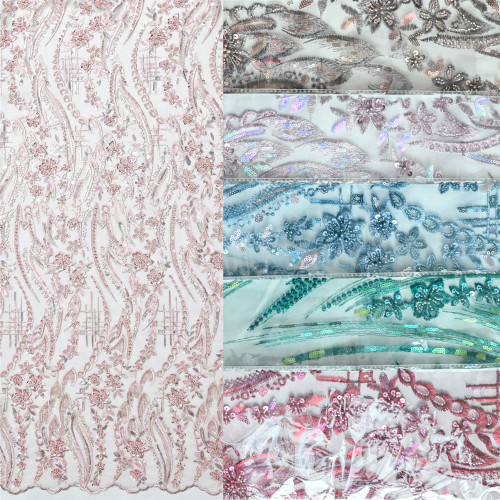 Hot Sale Mixed Color flower nigerian african beaded Sequins embroidered embroidery lace fabric