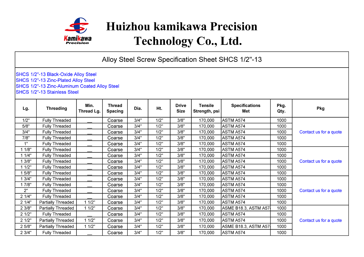 SHCS 5/16"-18 Screw Spec Sheet