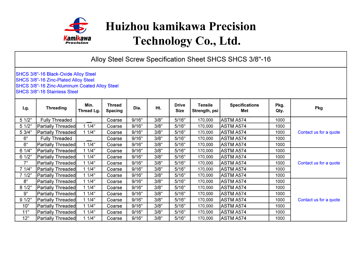 SHCS 5/16"-18 Screw Spec Sheet