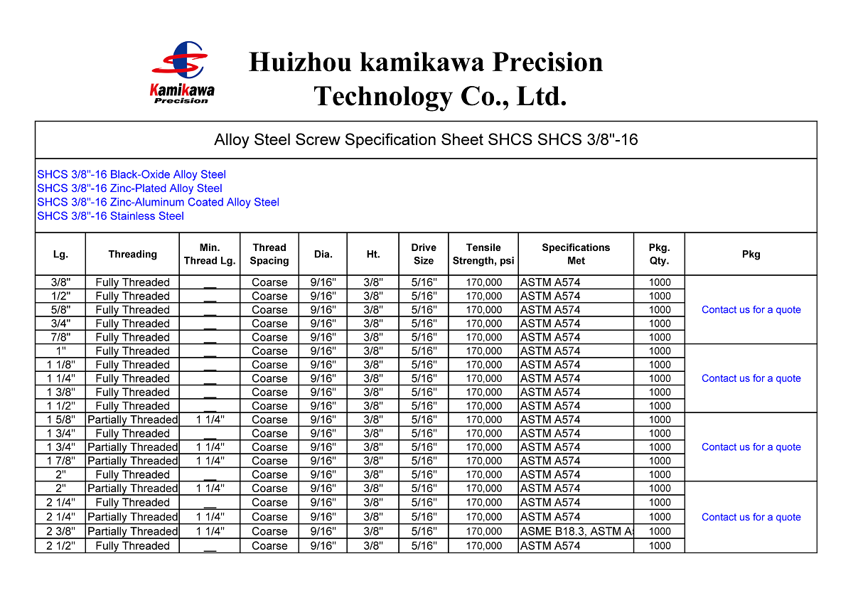 SHCS 5/16"-18 Screw Spec Sheet