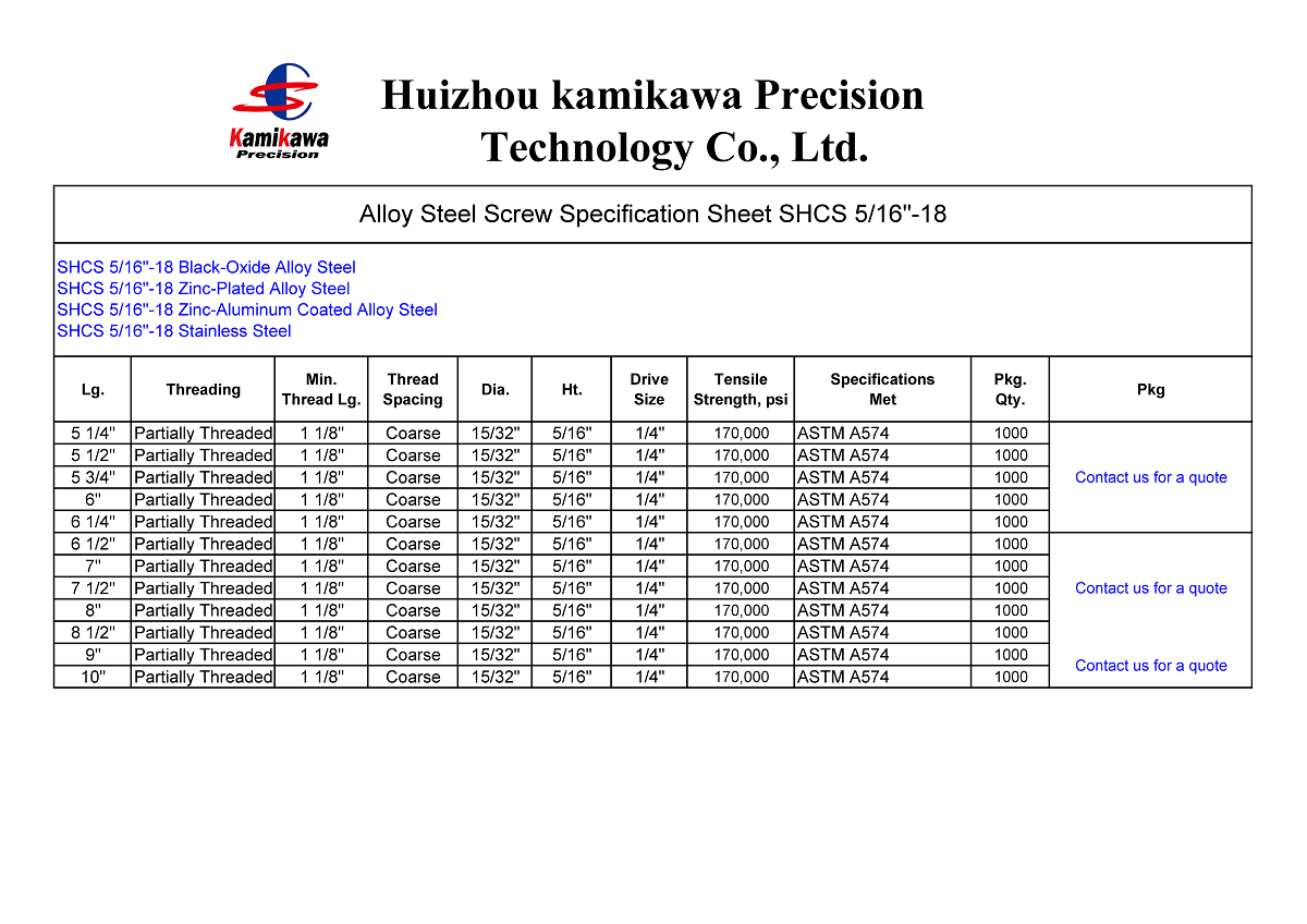 SHCS 5/16"-18 Screw Spec Sheet