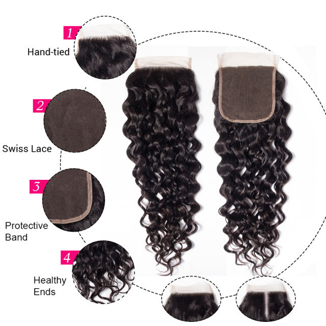 12A Water Wave 3 Bundles with 1 Closure Wet and Wavy Curly Human Hair Bundles with Closure 4x4 Lace Remy Hair Extensions
