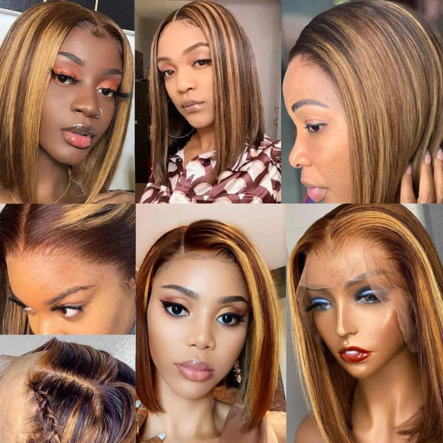 Highlight Wig Human Hair Bob Wig Straight 13x4 Lace Front Human Hair Wigs Brazilian Remy Colored Short Bob Ombre Human Hair Wigs