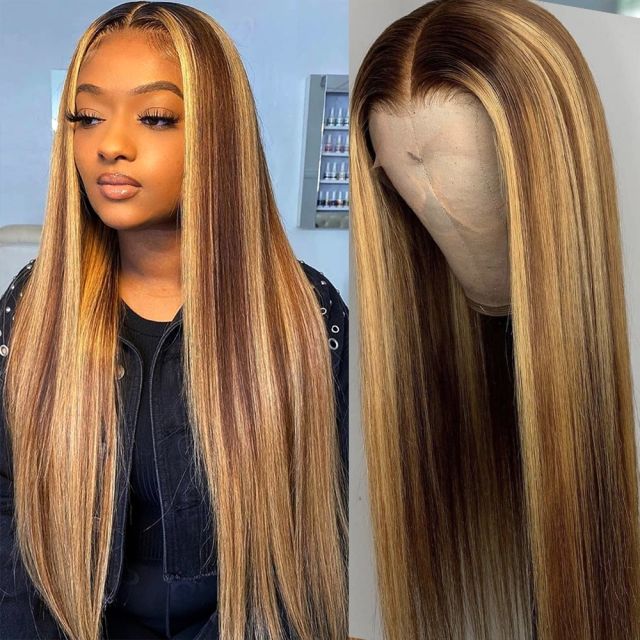 13x4 Silk Straight Human Hair Wig Honey Blonde Ombre Brazilian Straight Transparant Highlight Lace Front Wigs with 150% 180% Density